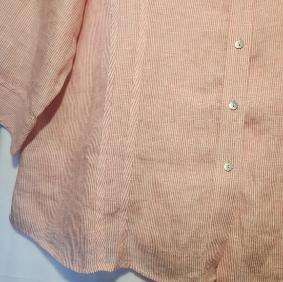Foxcroft Shaped Fit 100% Linen Coral Cream Pinstripe 3/4 Sleeve Top 20W - Picture 7 of 7